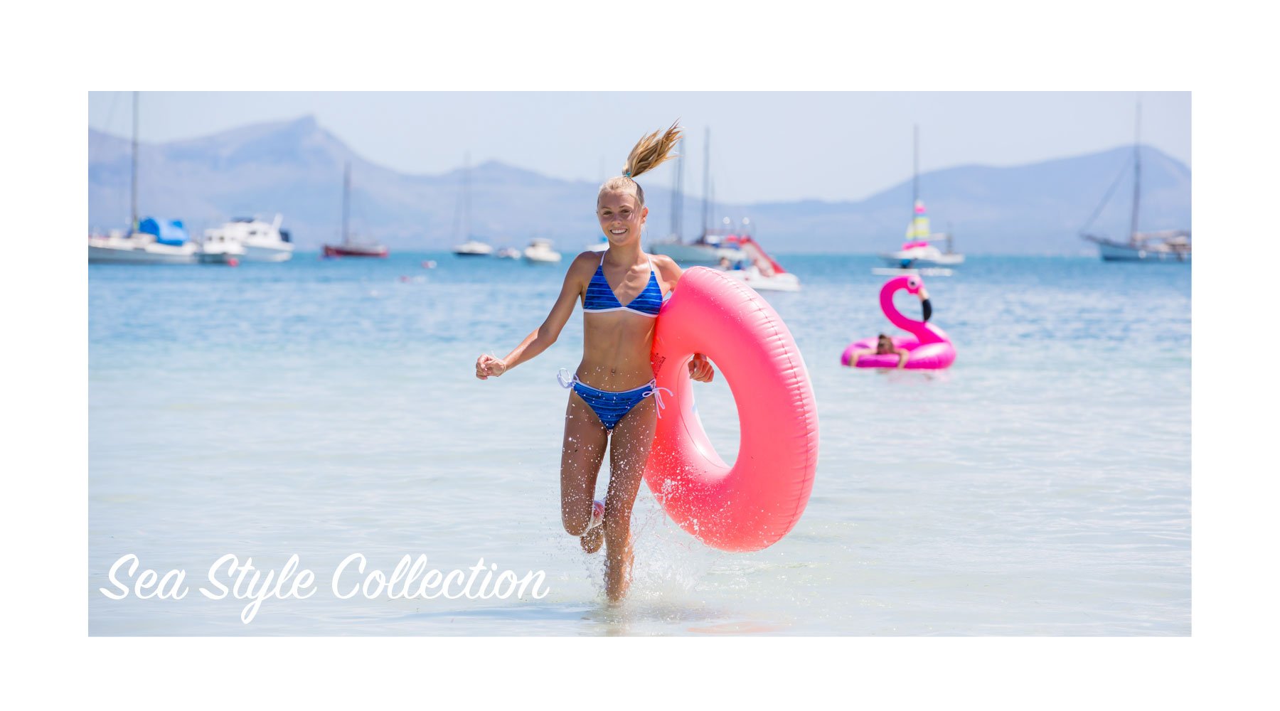 Young Girl running in the blue water shore laughing while holding a pink inflatable tube for Chance Loves SEA STYLE Swimsuit COLLECTION by teen brand Chance Loves