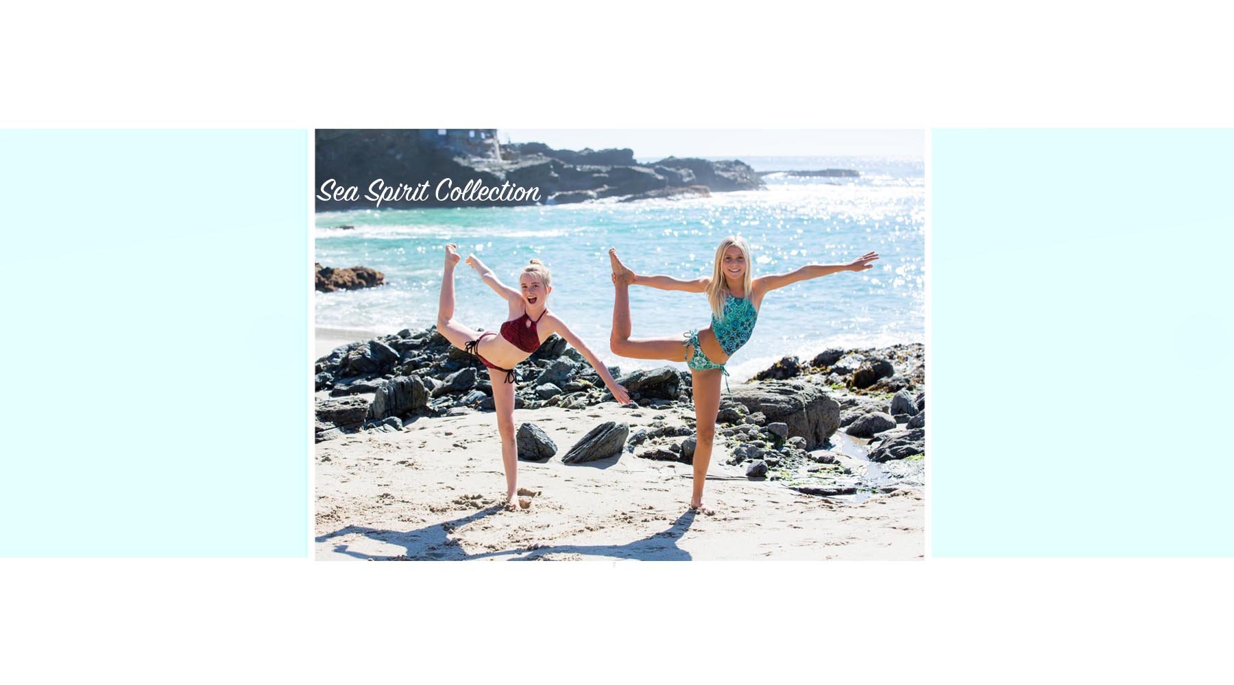 Girls Swimwear Collection 7-16 on the beach happy beautiful bikinis worn by 2 girls laughing and holding gymnastics poses on the white sandy beach