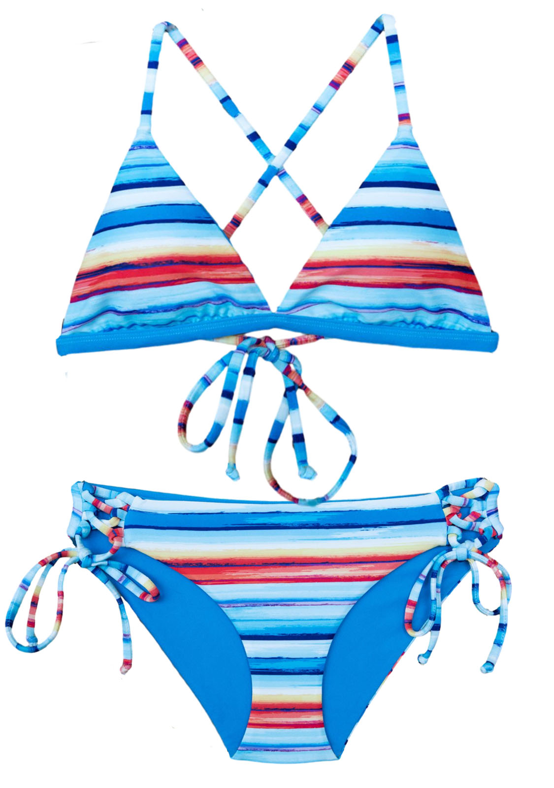 Reversible 2-Piece Bralette Top + Tri-Band Bottoms provide full coverage, and multi-colored stripes