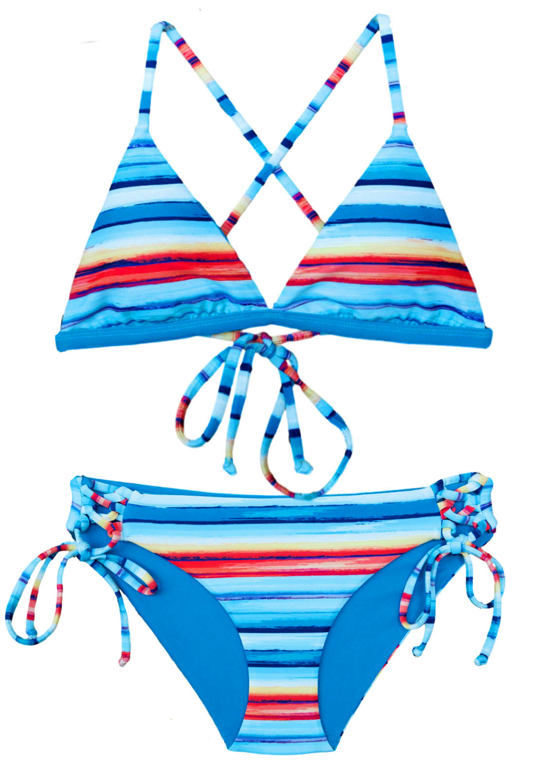 Reversible 2-Piece Bralette Top + Tri-Band Bottoms provide full coverage, and multi-colored stripes