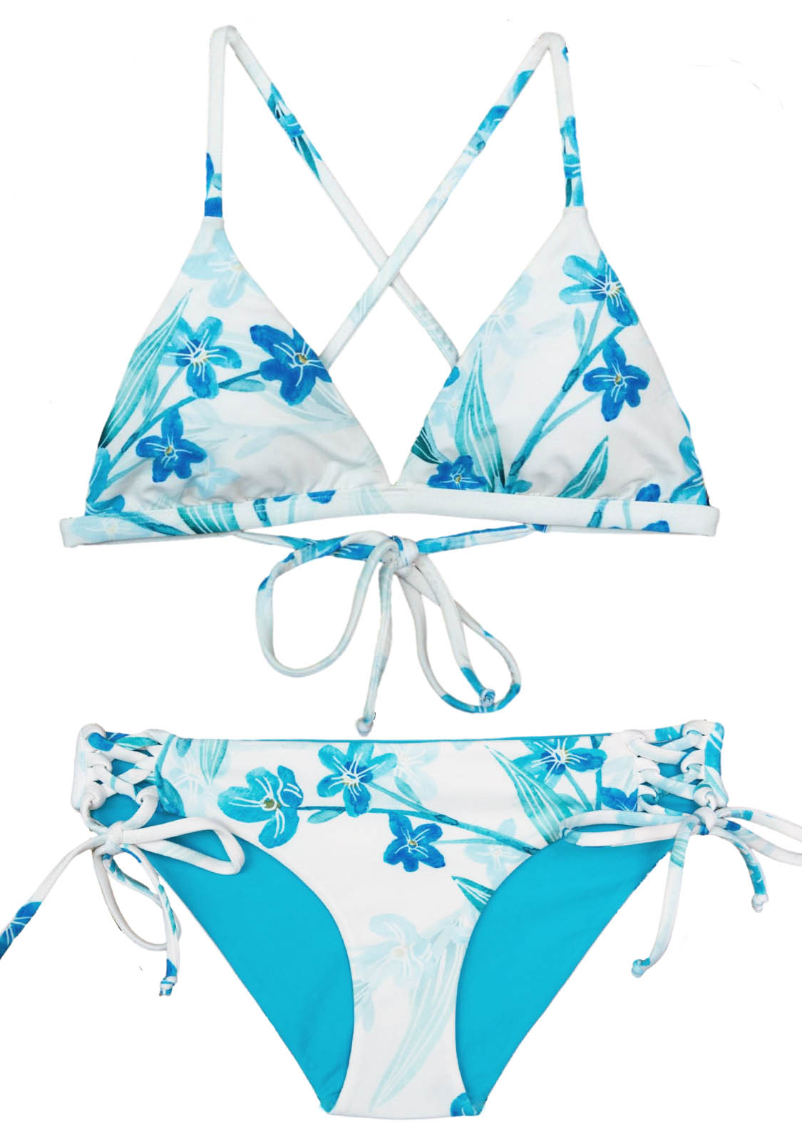 Reversible Junior Girls 2-Piece Bikini with hand painted floral print, a triangle top and matching bottoms
