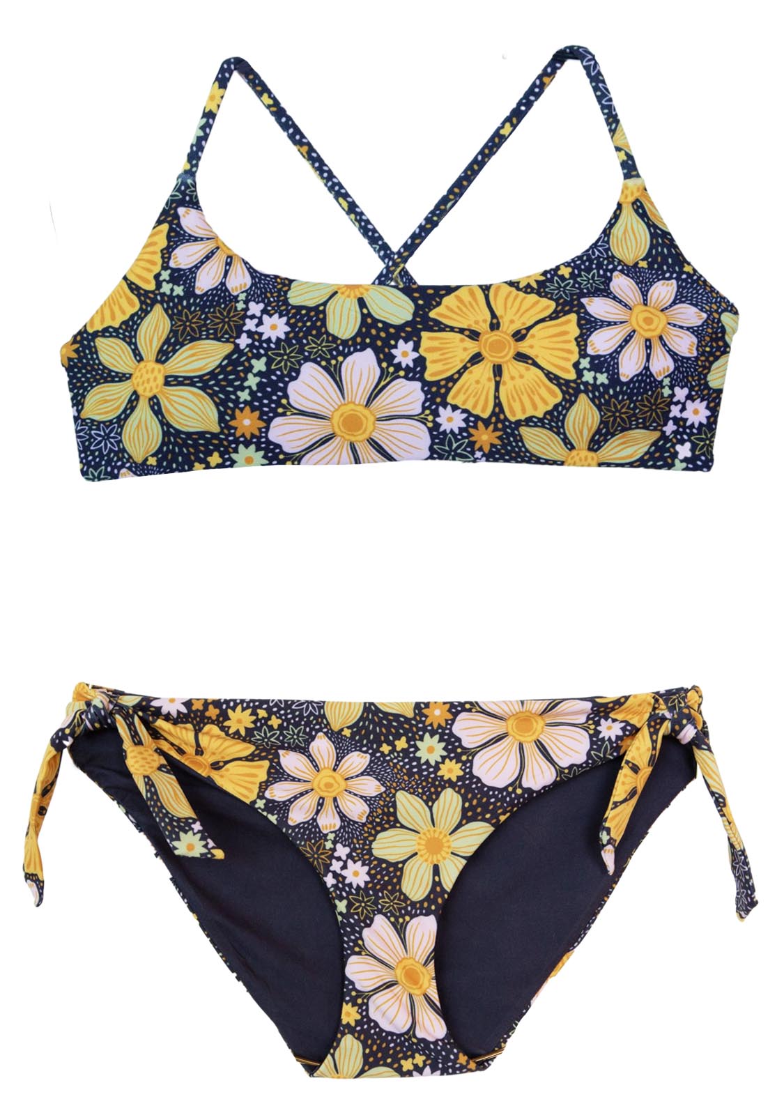 Two-piece bikini with scoop style top and matching bottoms in a boho hippie style print for Pre-teen and Junior girls
