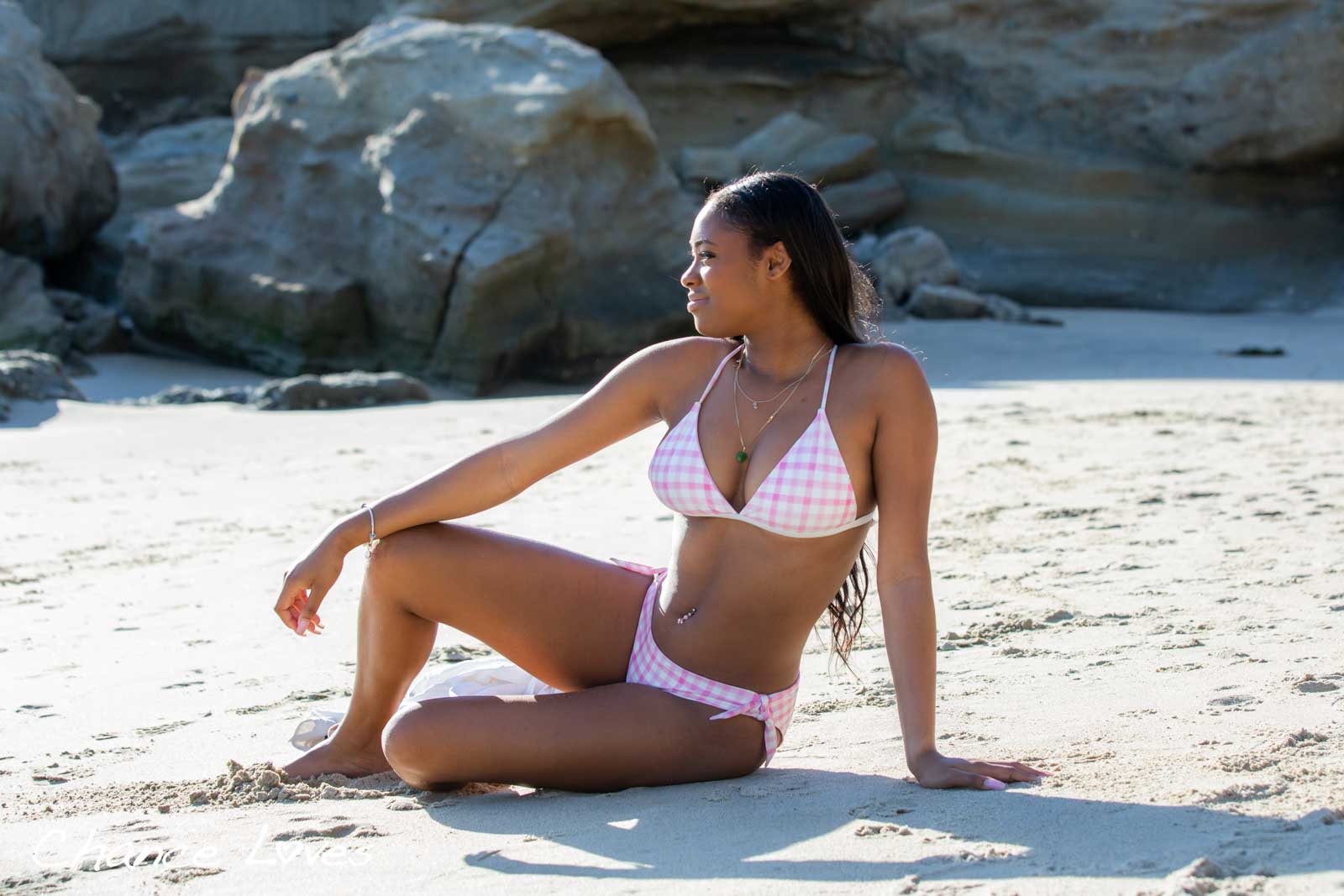 Triangle Top swimsuit with matching gingham pink and white bottoms with bows and ties