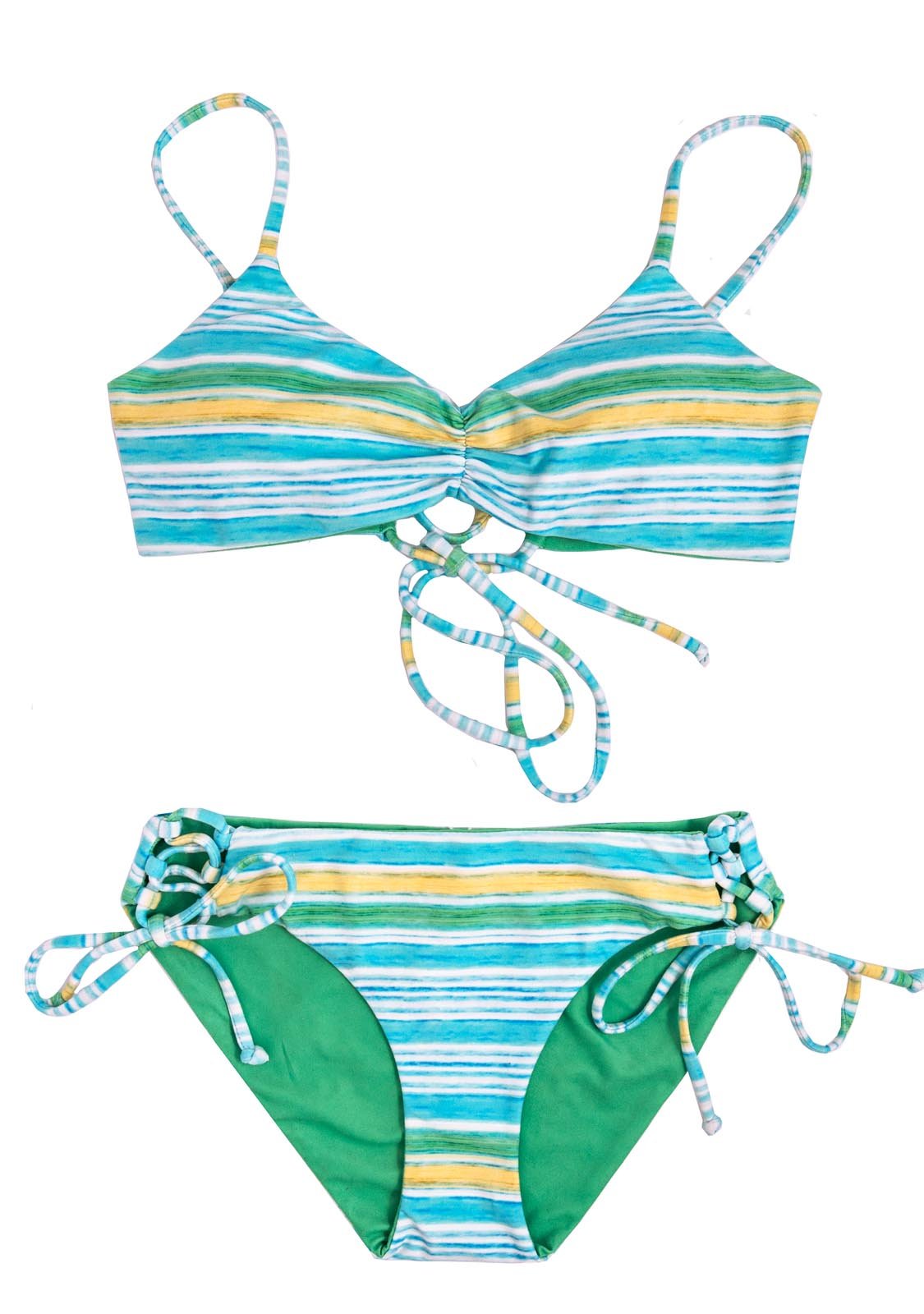 Yellow blue white and Green striped Swimsuit for teen girl age 10-16 with padding in top