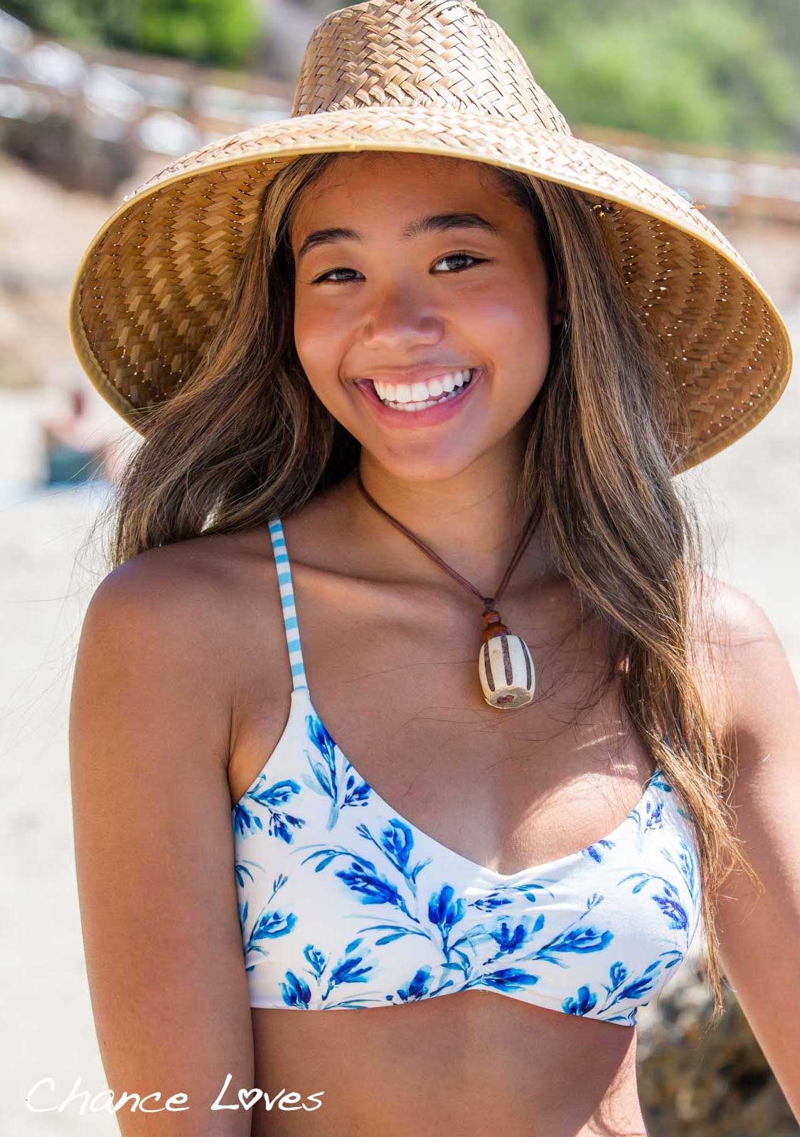Swim Top Bralette Style padded with reversible blue white floral and striped pattern