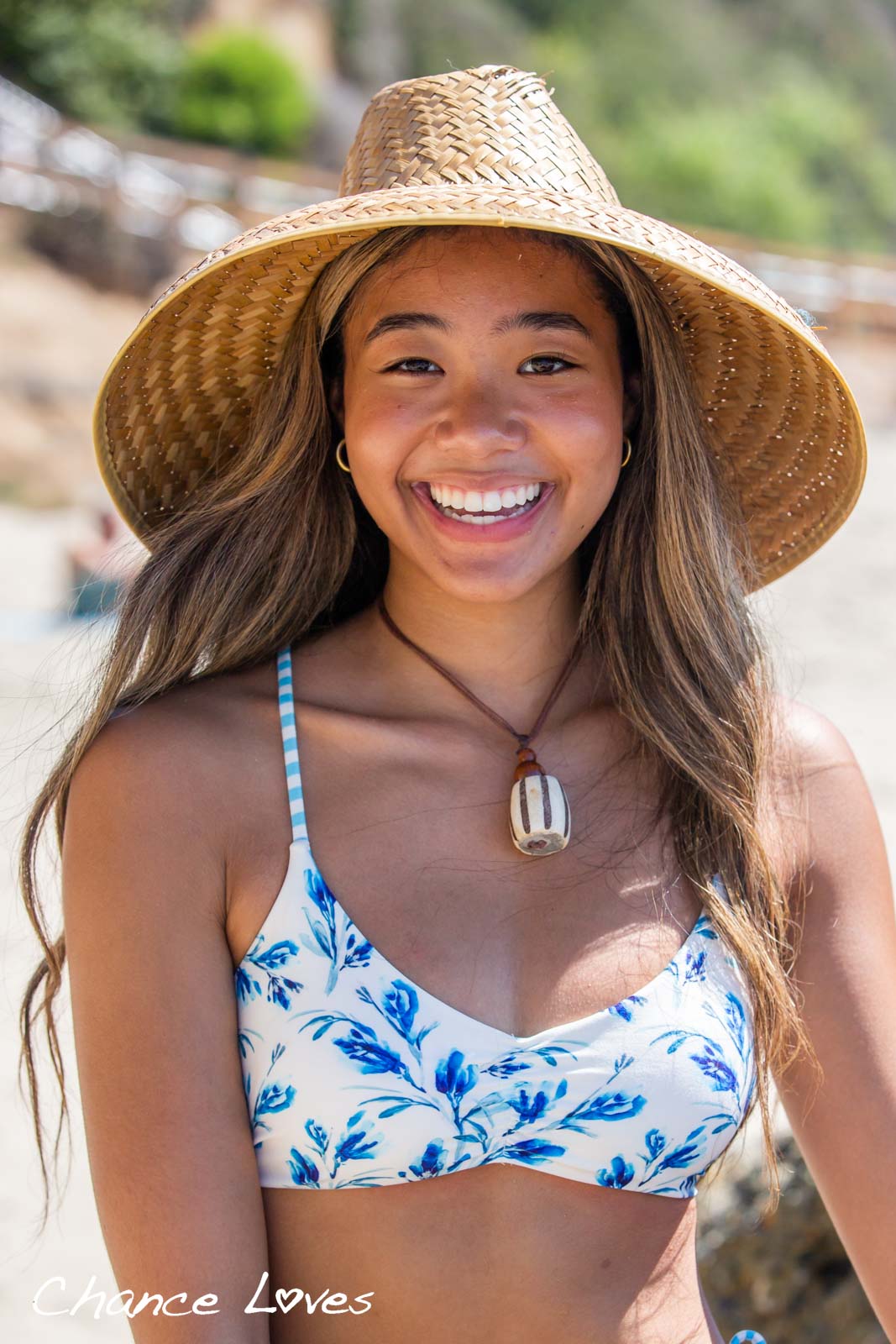 women's and junior girls swimwear blue white floral top with reversible stripe comfortable swim style design by Chance Loves