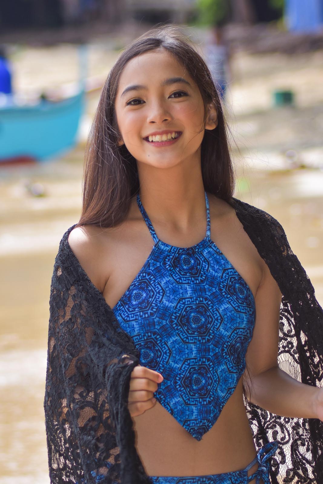 Blue Handkerchief style swimsuit top with matching blue bottoms for kids girls