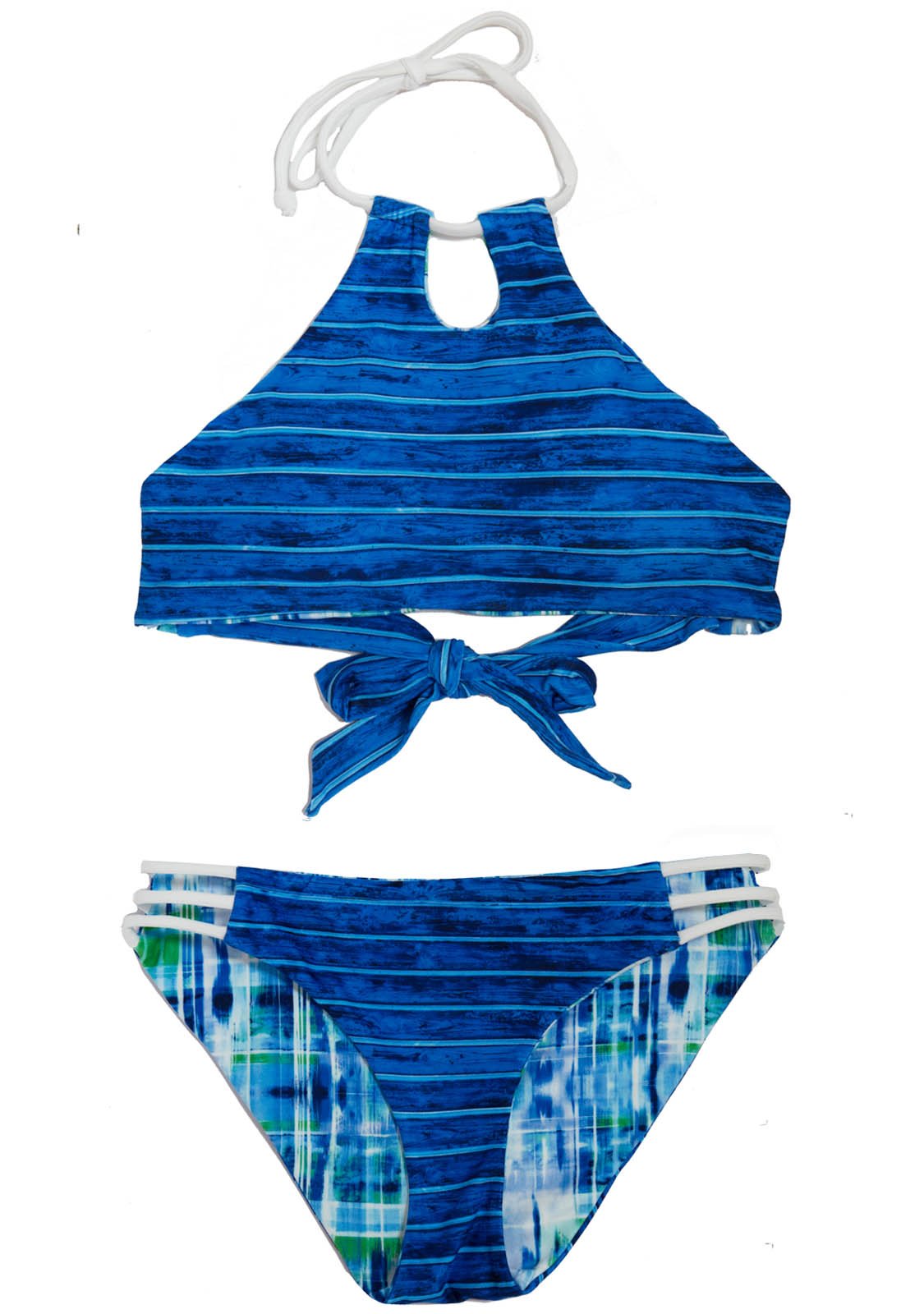 Reversible Blue Striped 2 Piece Junior Girls Bikini for Girls with HALTER Top
