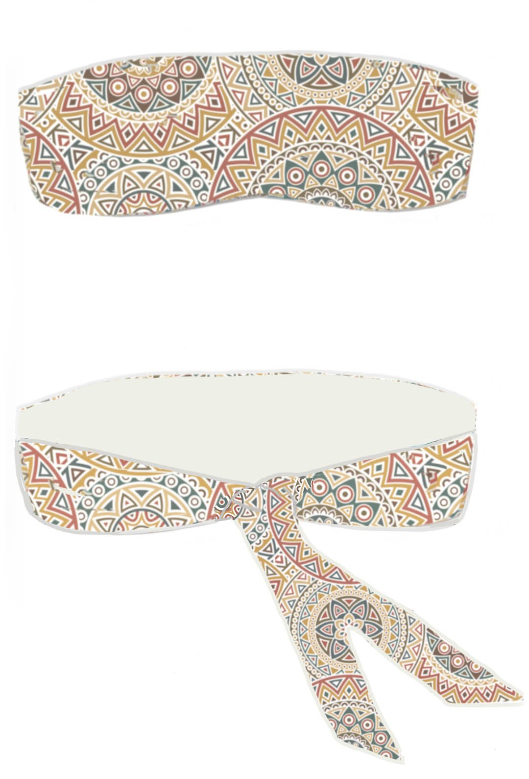 Beautiful Reversible Bandeau Bikini Top, with a tan and yellow earthtones mandala print