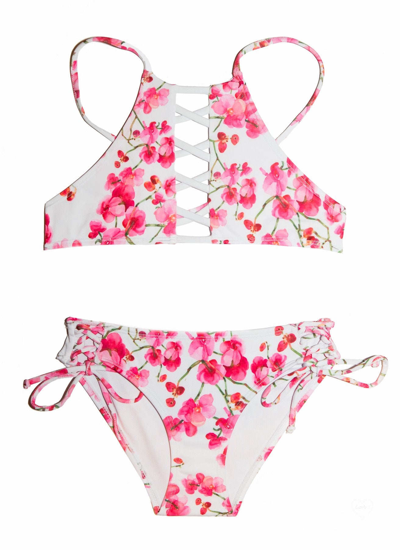 Cherry Blossoms Bikini with Criss Cross Halter Top - Chance Loves Swimwear