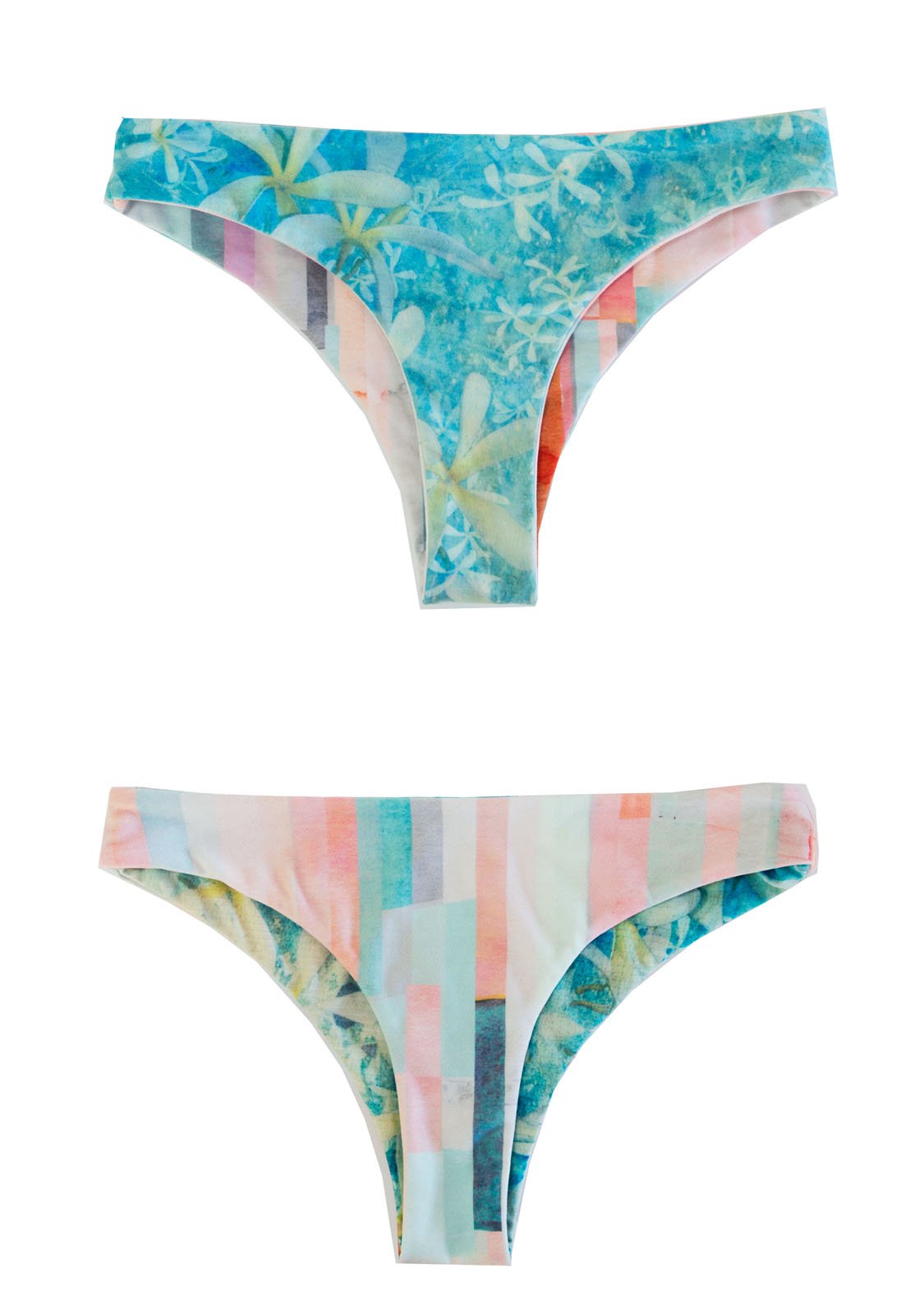 Reversible Cheeky Bikini Bottoms. Pastel Stripes and teal floral pattern.