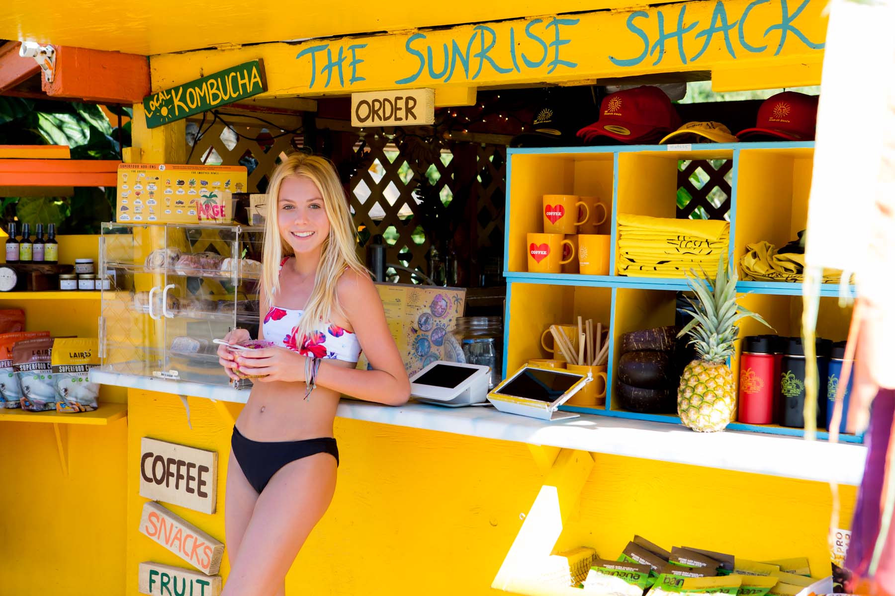 Hanging out at the Sunrise Shack in Oaha Hawaii in a black bikini
