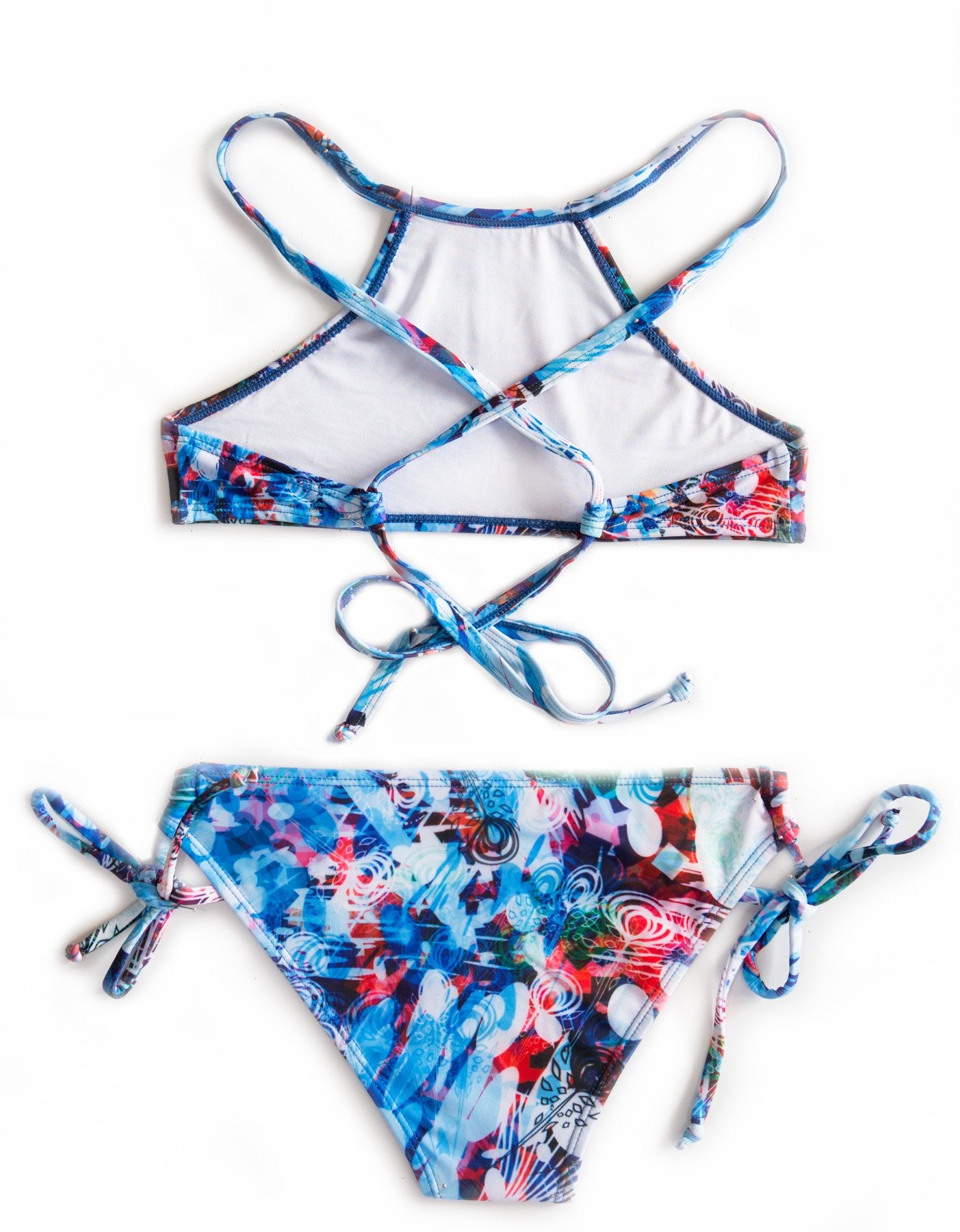 Backside of 2-Piece Kids Swimsuit Colorful Blue Red Girls Halter Top Bikini made by Chance Loves Swimwear