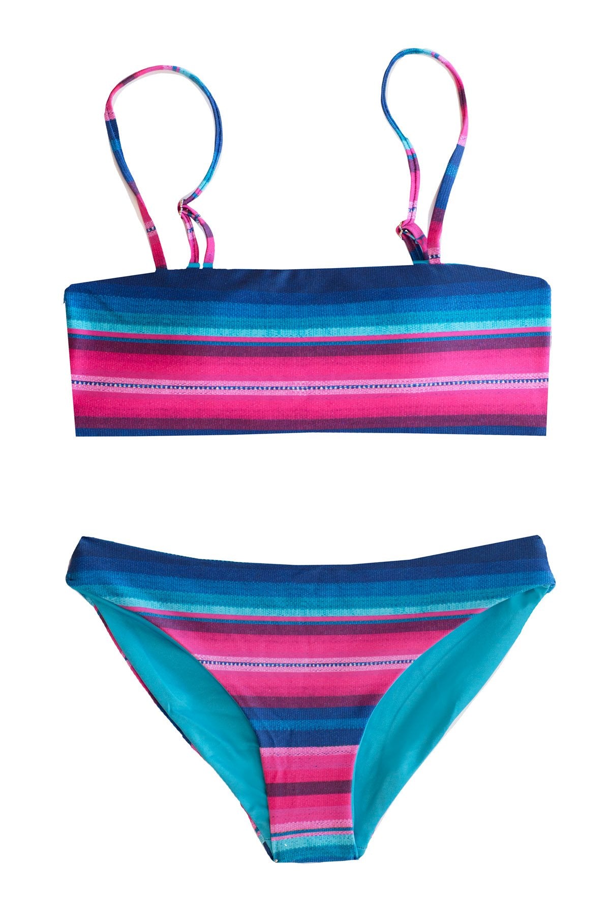 Playa Panama - 2 Piece Bikini SET Blue Teal Pink Stripe Bandeau Top & Hipster Bottoms Bandeau Bikini Set Chance Loves Swim XS
