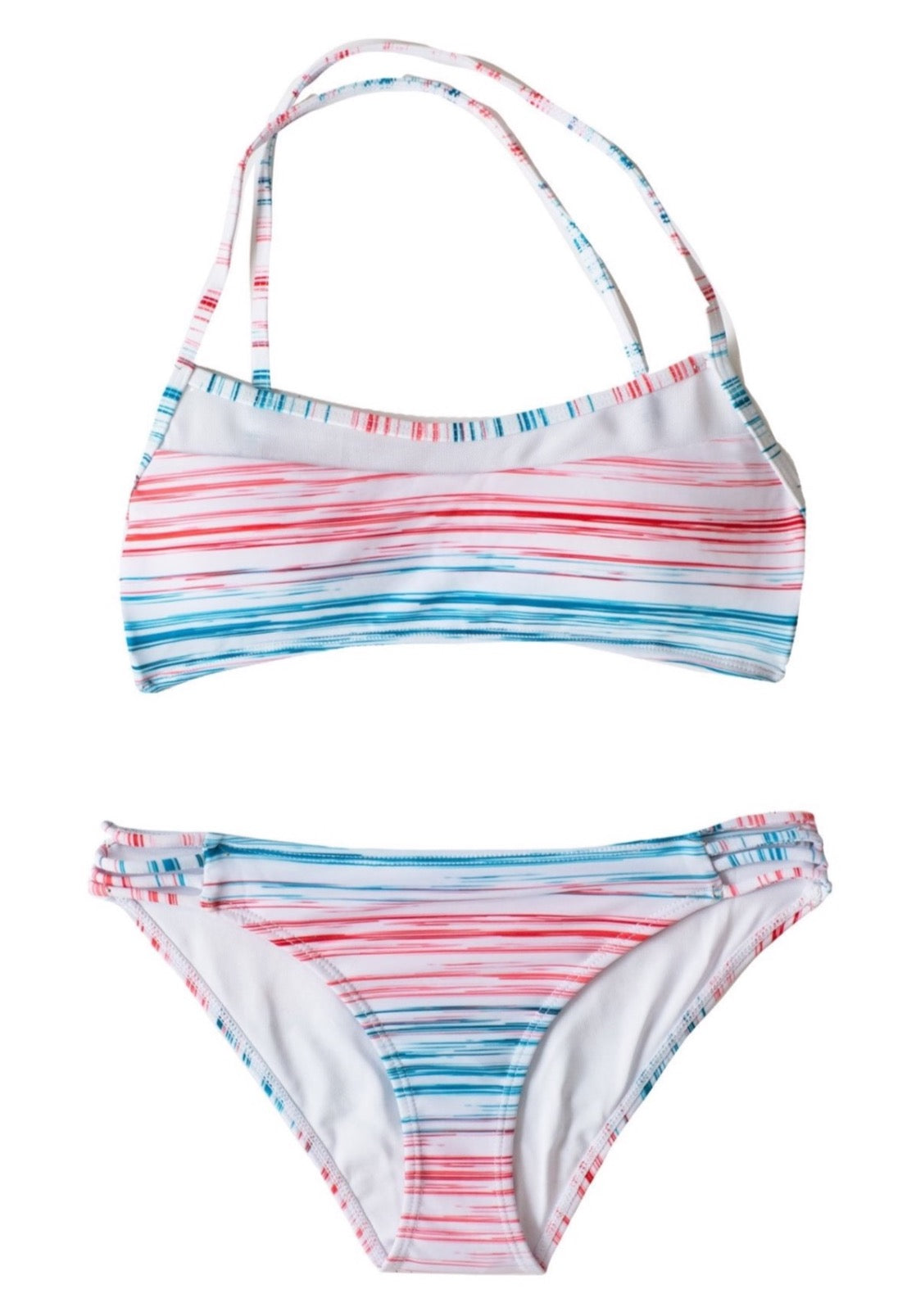 Sunset Beach Bikini SET - Striped Cross Back Scoop + Bottoms Youth 8 10 12 14 2 Piece Bikini Set Chance Loves Swim 8 White