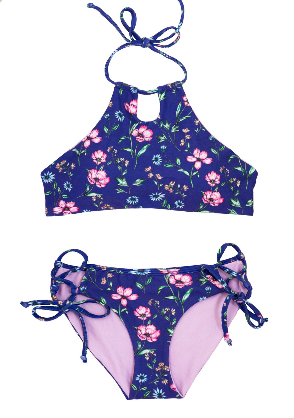 Girls 2-Piece Purple Floral swimsuit Padded HALTER Modest Bottoms