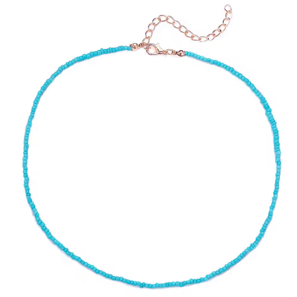 Bohemian Rice beads pendent necklace in white blue aqua