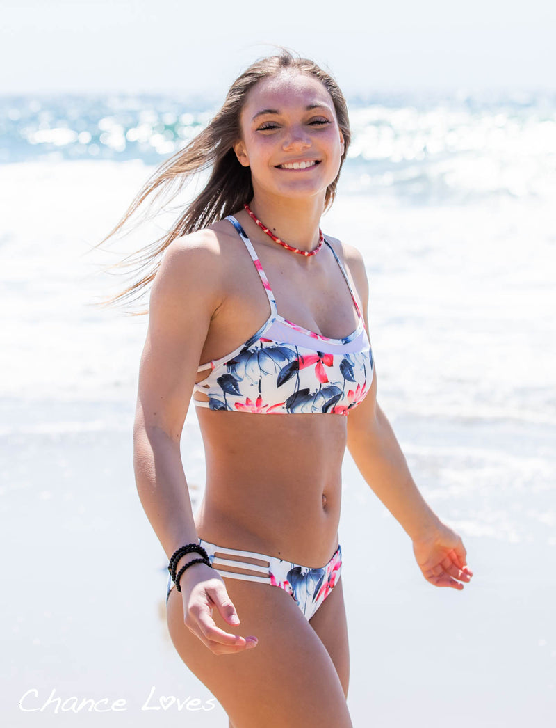 Smiling 16 year old girl in her favorite 2-piece swimsuit style by Chance Loves