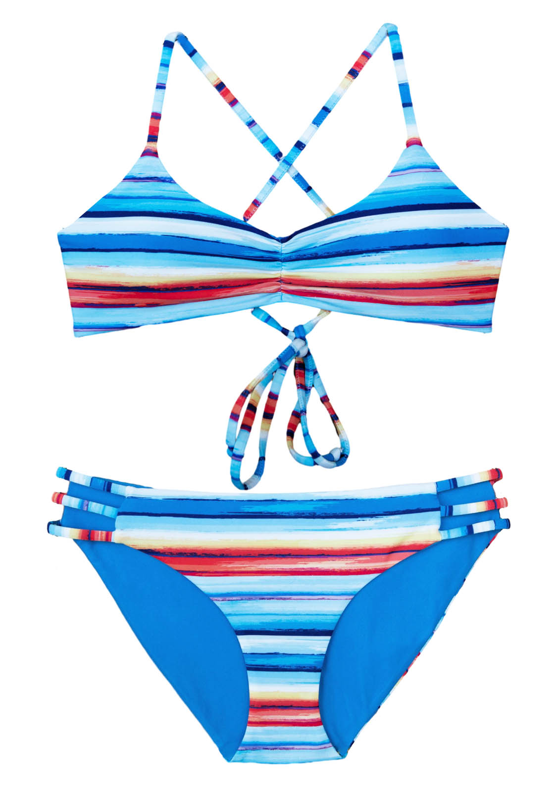 Reversible two-piece Bikini striped blue-orange-yellow-white-black for girls sizing 10, 12, 14, 16 and 18