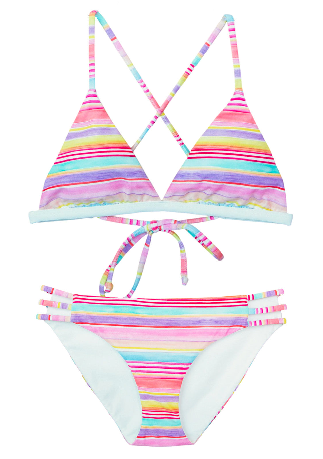 trendy teen swimwear with pastel colored stripes, a padded triangle top and matching trim-band bottoms
