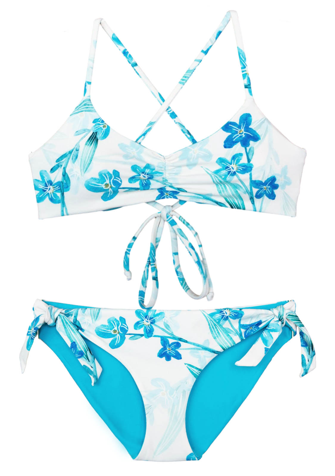 Floral -Blue, white, teal Reversible two-piece swimsuit with padded triangle top and modest yet stylish bottoms.