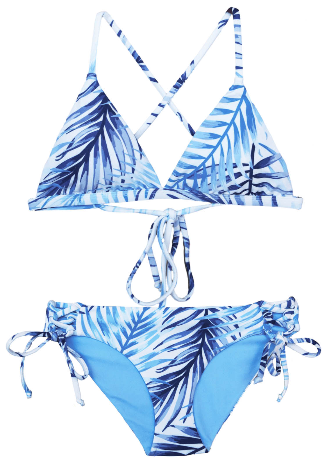 A Blue and white Chance Loves Bikini with a padded Triangle top and Full coverage bottoms with side ties