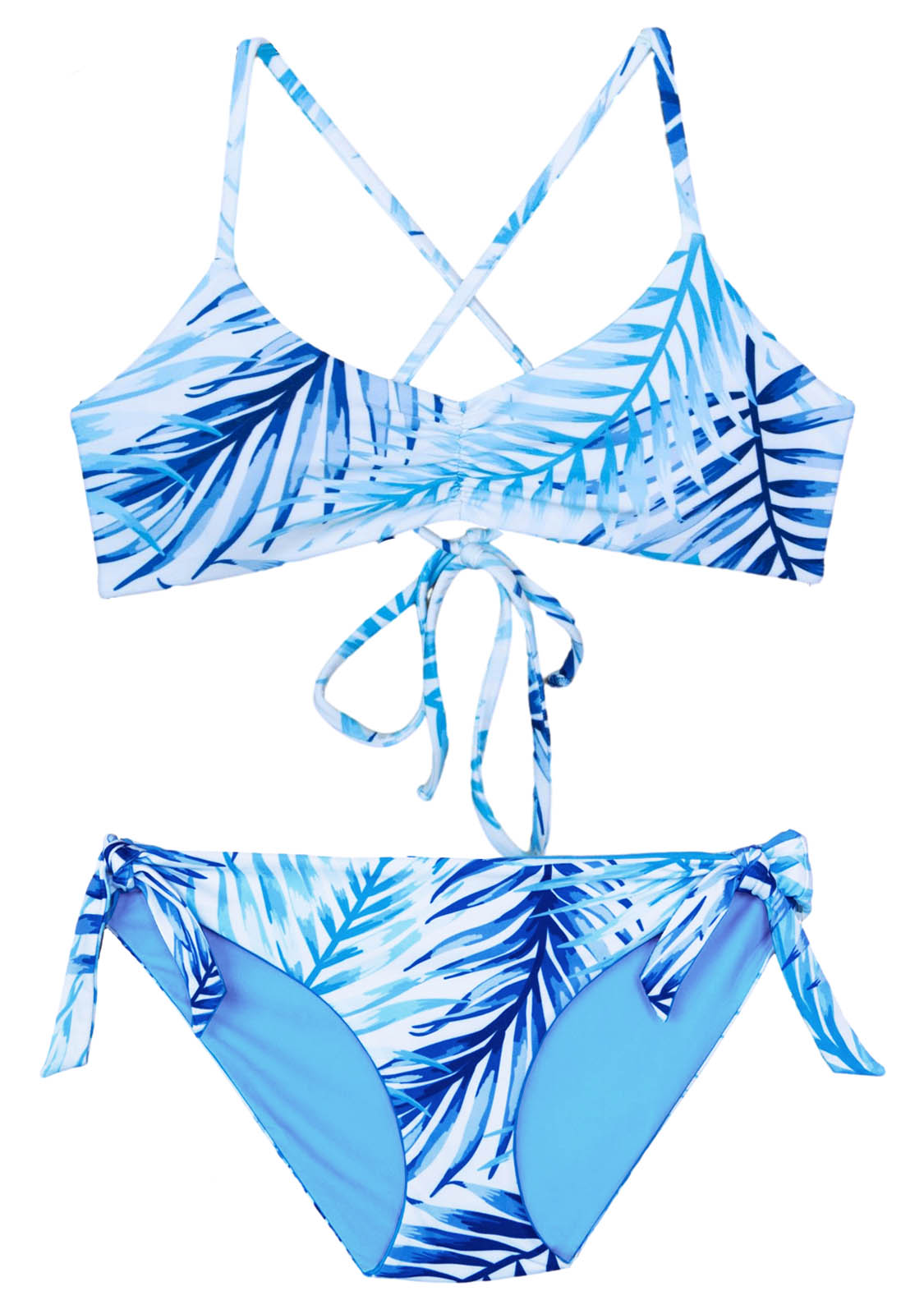A blue and white tropical bikini designed by Teen Brand Chance Loves Swimwear
