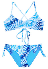 Blue Palm print Two-Piece swimwear Scoop-top modest bottoms teen-style