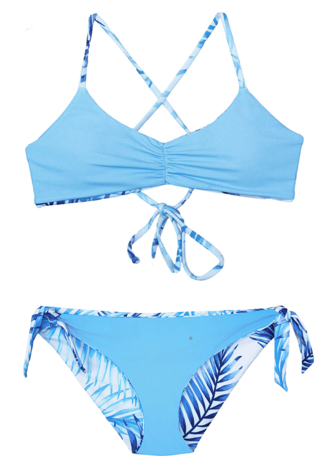Reversible Bikini with Blue and white palm print by Chance Loves Swimwear