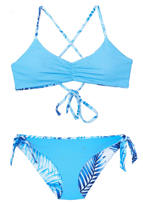 Blue Palm print Two-Piece swimwear Scoop-top modest bottoms teen-style