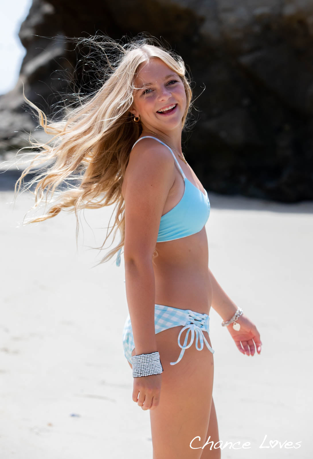 Reversible gingham blue-white swimsuit style with bralette top and matching swim pants for girls ages 10 through 18