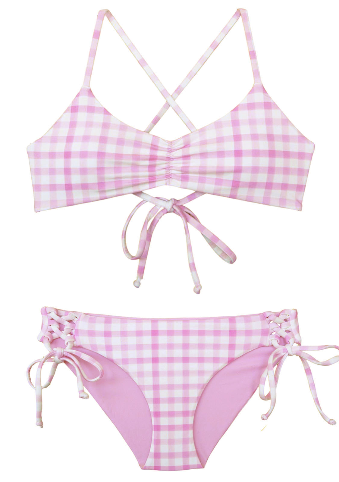 Barbie inspired pink and white swimsuit for girls ages 10, 11, 12, 13, 14, 15, 16, 17, and 18 with padded bralette top and modest bottoms with side ties