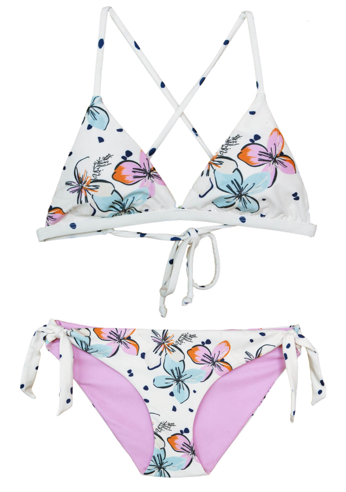 Two-piece swimsuit for pre-teens and junior girls with triangle top and modest fit bottoms in a pastel floral print