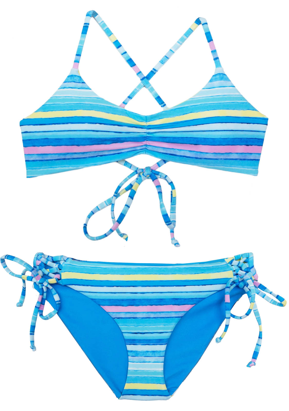 Padded and Full coverage Swimwear for Girls ages 12, 14 and 16 with pastel color stripes by teen brand Chance Loves