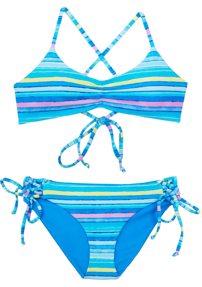 Two-Piece Bikini Reversible Blue pink yellow stripes *girls ages 10-18