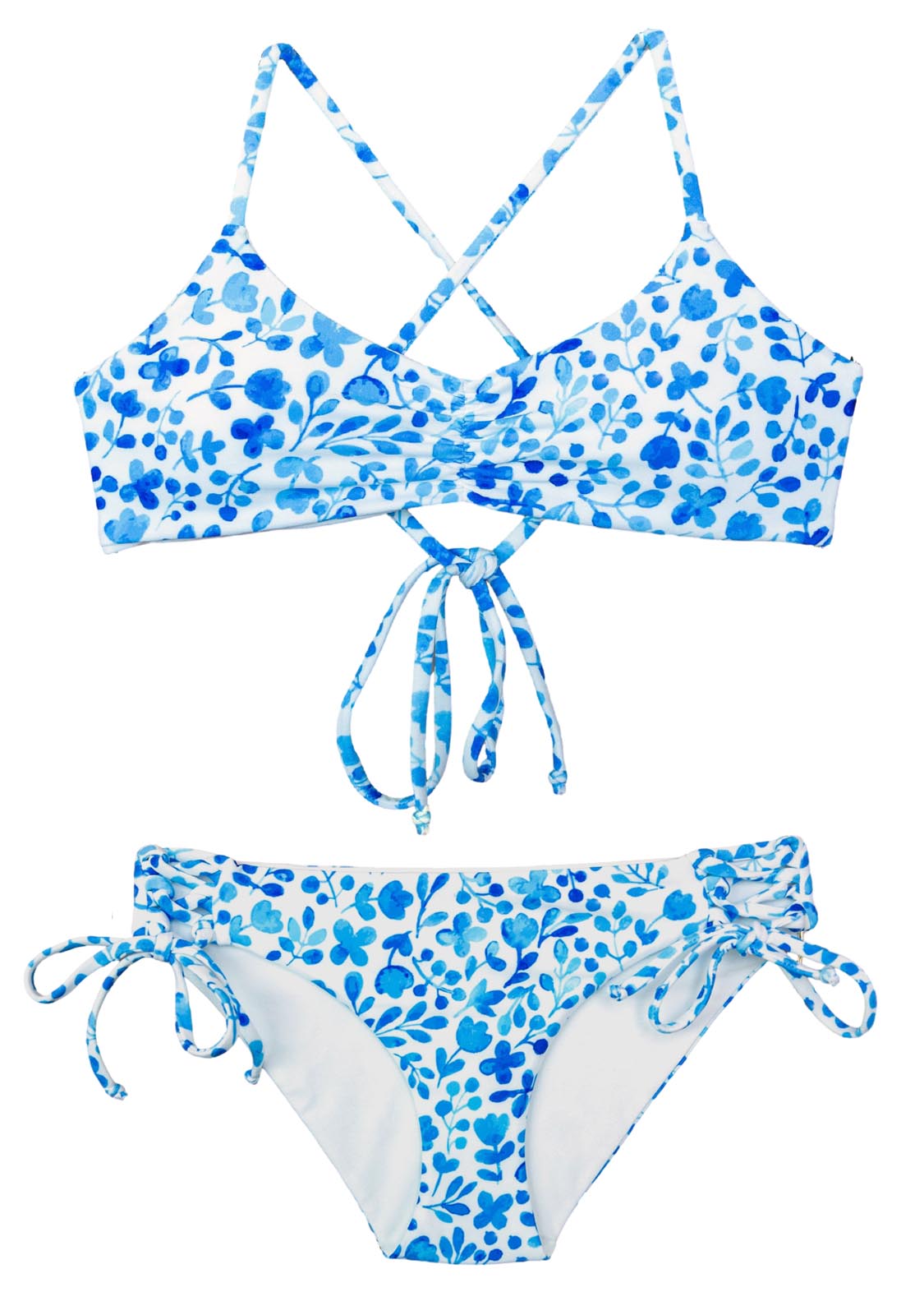 Full coverage swimsuit but still generation Z, this blue and white floral bikini is a girls' perfect swimsuit