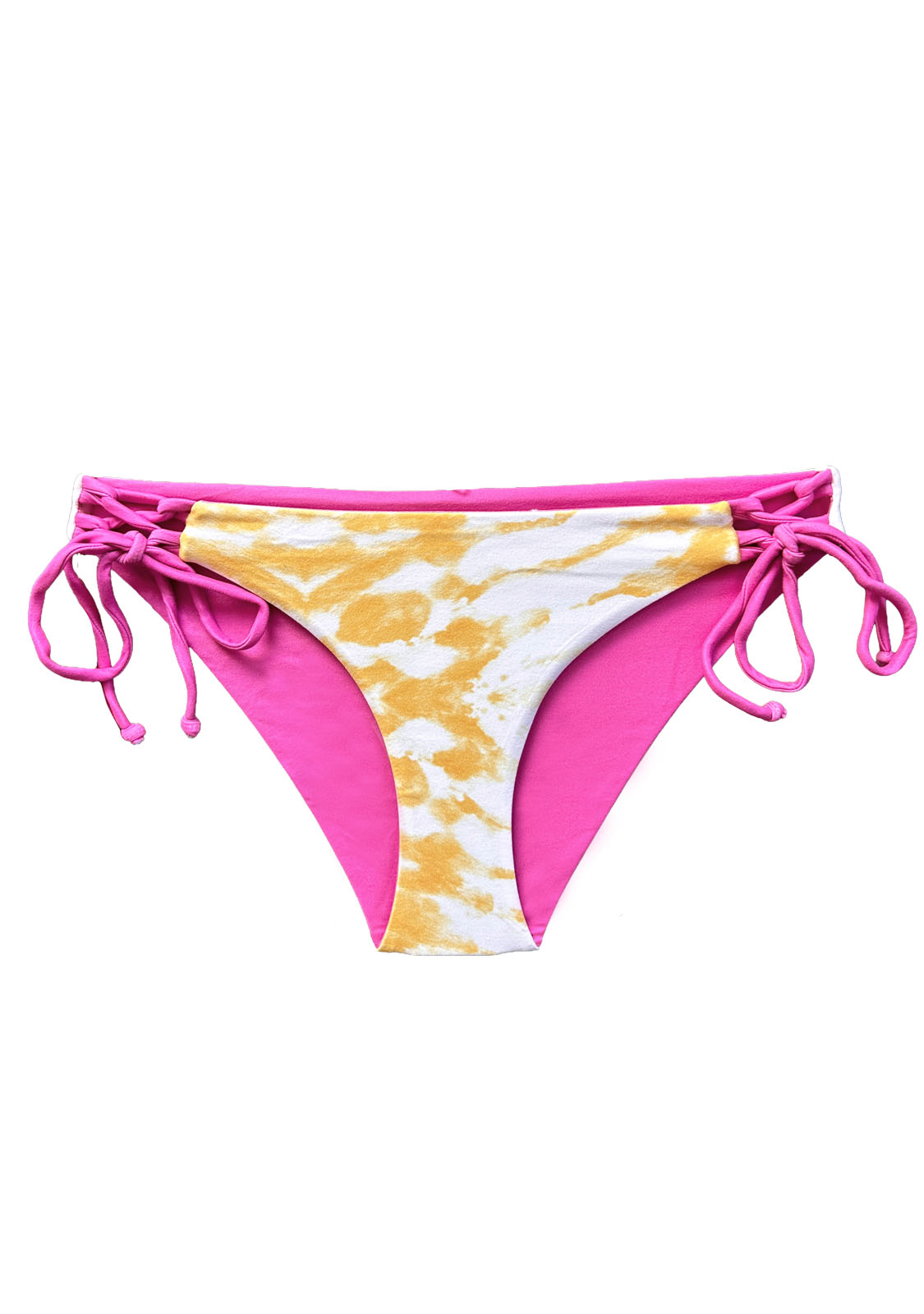 Bikini bottom with pink sides and yellow and white pattern on a white background