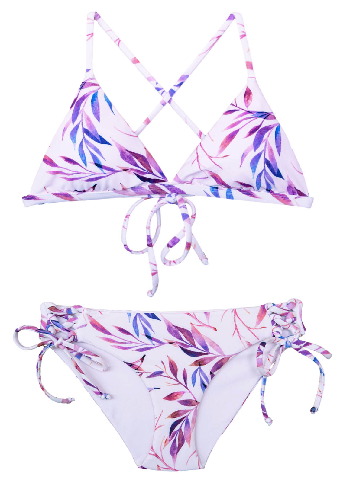 Junior Style swimsuit two-piece with tropical pink design and adjustable top and bottoms