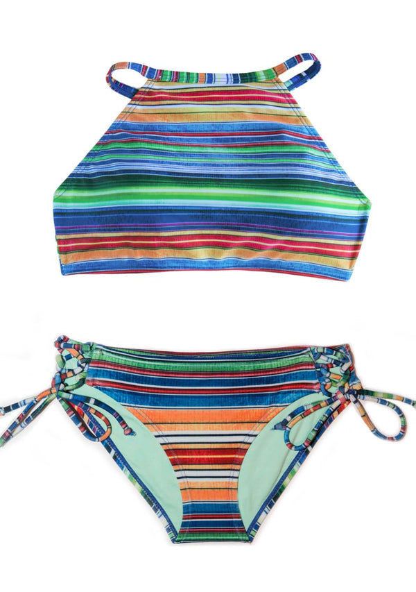 2-Piece Striped Junior Girls Swimsuit with green blue orange red white and black colors