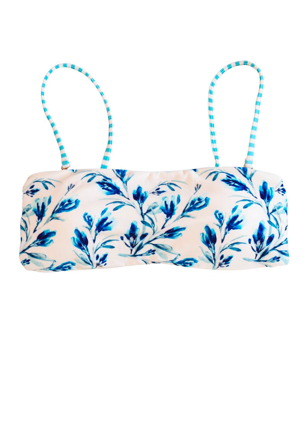 Reversible Swimsuit Bandeau Top for Women and Teens made with sustainable fabric and blue white floral and stripe pattern