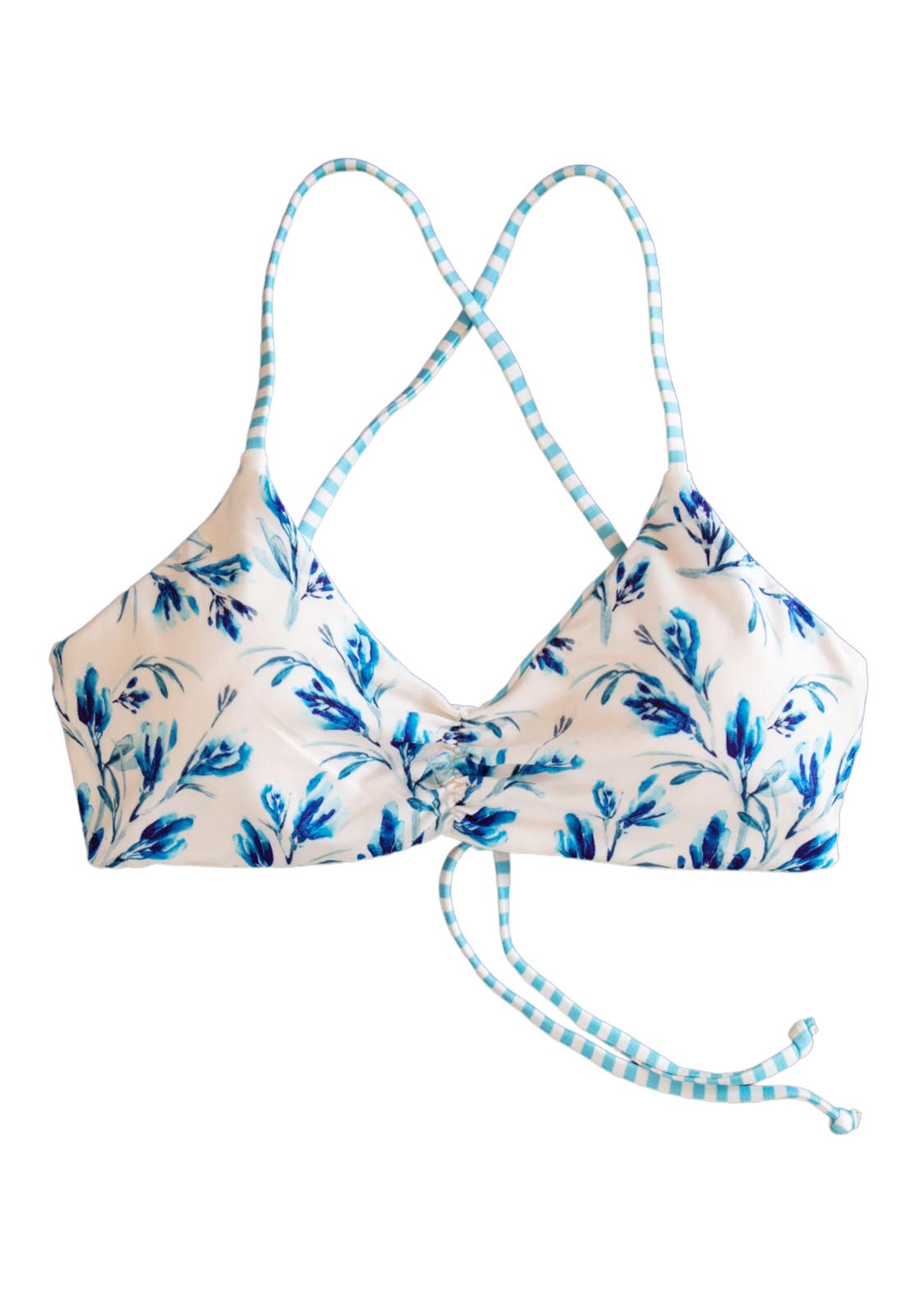 Reversible Blue white floral swim top for Teen girls and women with stripes by Chance Loves designs