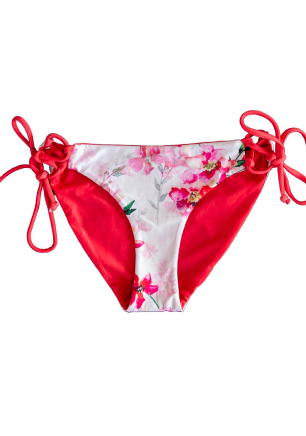 Bikini bottoms full coverage red and floral pink, reversible and sustainable made with recycled plastics