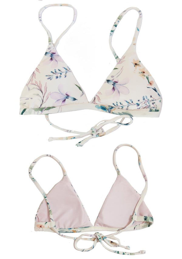 Beautiful Floral Triangle Bikini Top from the latest "Isla Collection", with rose colored pattern, made by Chance Loves Swimwear.