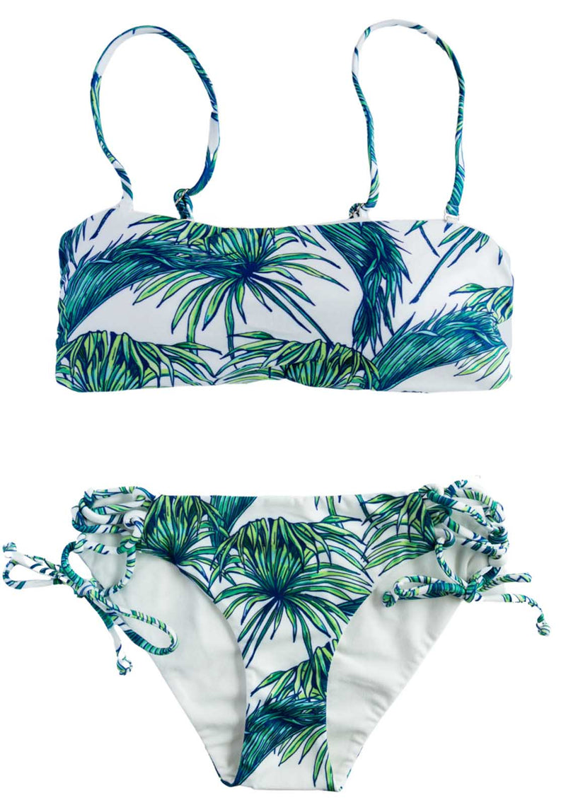 Jungle Shores - 2 PIECE Bikini BANDEAU TOP & SIDE TIES BOTTOMS TWO PIECE w/Halter Top Chance Loves 10 Green White 