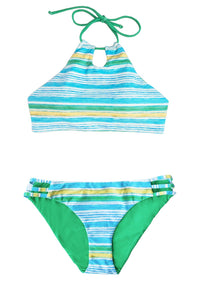 REVERSIBLE Teen Girl 2-PIECE Swimsuit Yellow blue green white stripe