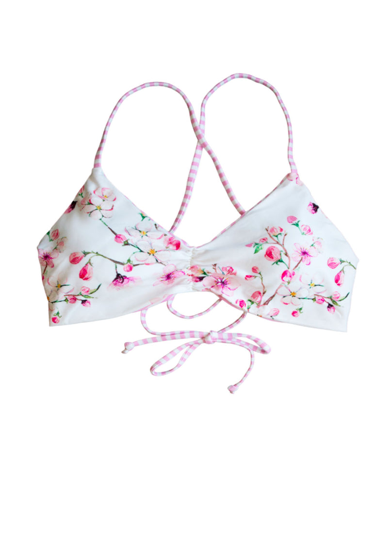 a cherry blossoms Bikini Top with removable padding, and a reversible pink and white stripe print