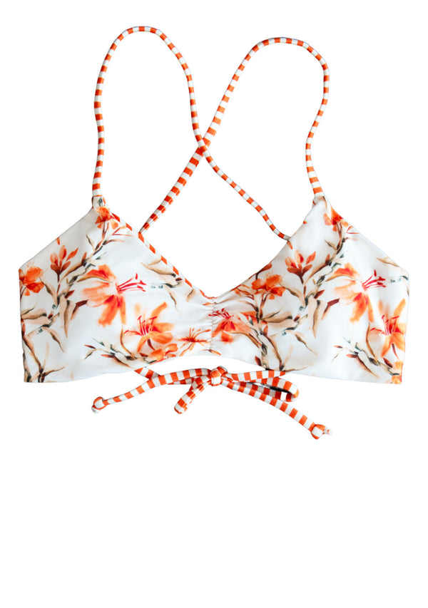 Reversible Swimsuit Top with Orange White Floral Print and Stripes with removable padding