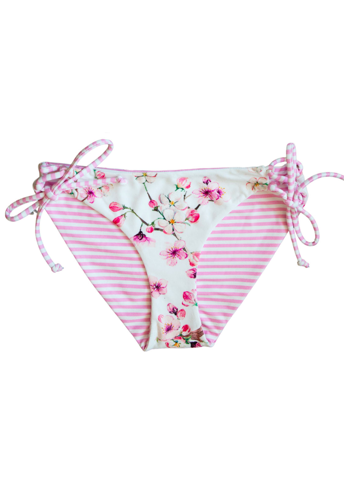 Bikini bottoms with Pink and white florals and a reversible stripe, with a Full Coverage classic cut, adjustable side ties.