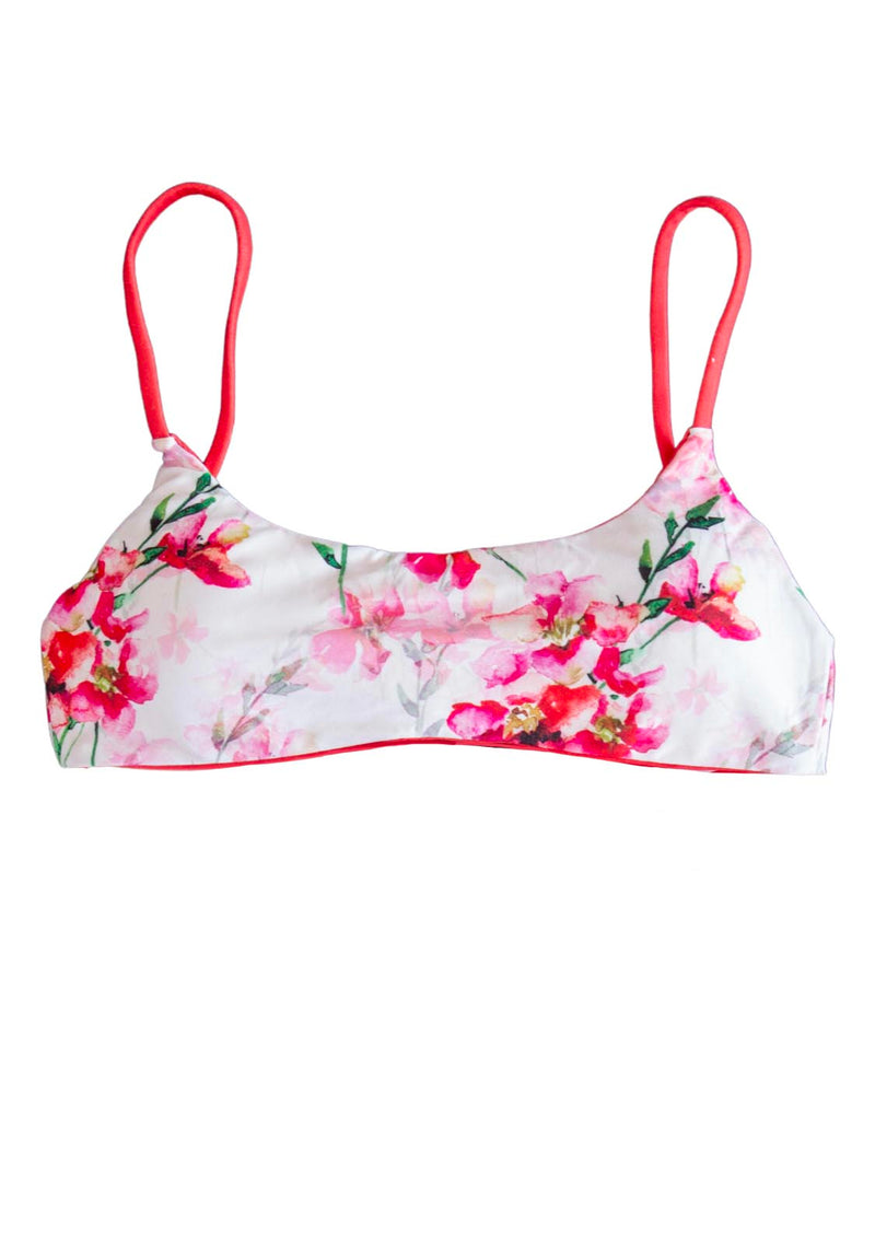 A Pink and Red padded floral bikini Scoop Bralette Swimwear top with an adjustable back and shoulder ties designed by Chance