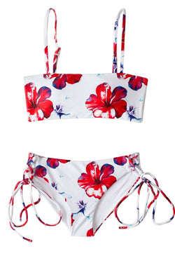 Beautiful Hawaiian Floral Bikini Two Piece with Red and White Bandeau Top